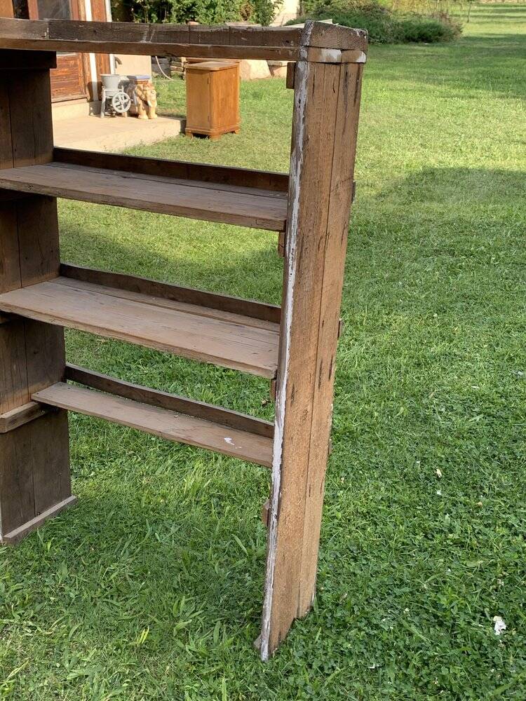 Rustic grey pine library, vintage open shelf 1920s, 85x27x137 cm