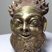 Small gilded bronze Oba mask from Bamoun, Cameroon, vintage Africa