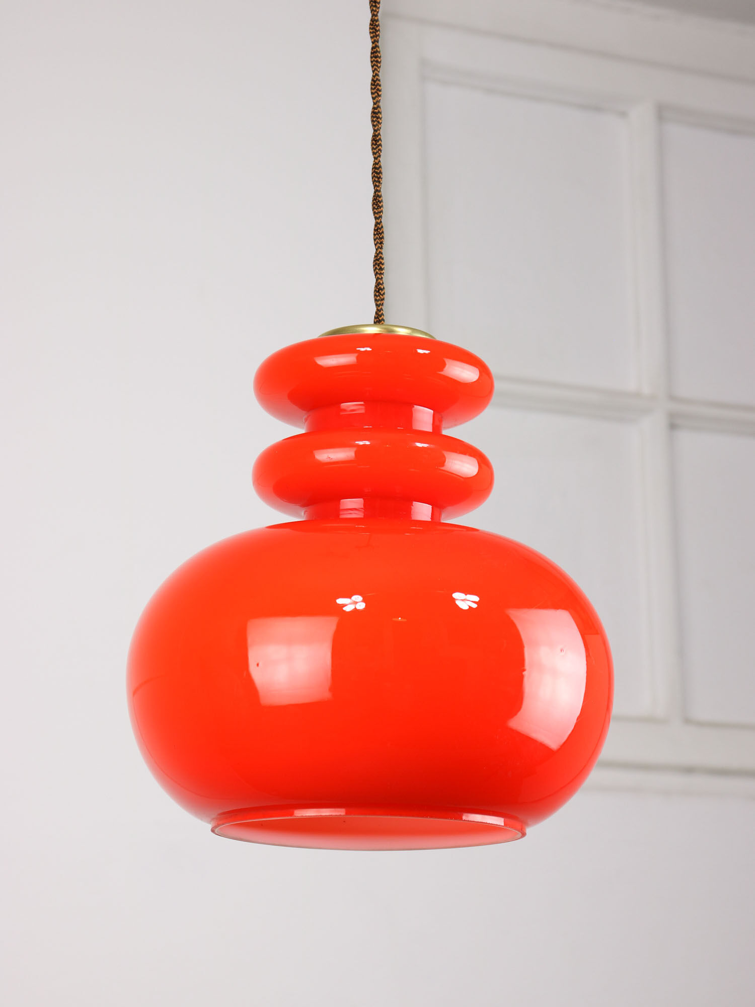 Mid-century Red Glass & Brass Pendant Lamp