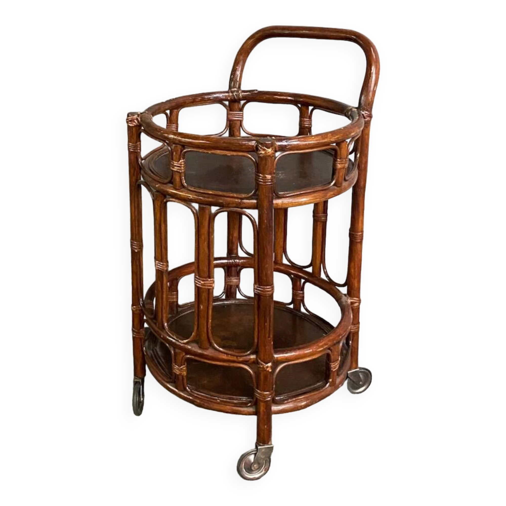 Round bamboo & rattan bar cart - italy 1960's