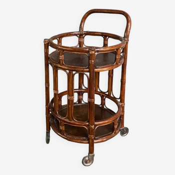 Round bamboo & rattan bar cart - italy 1960's