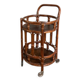 Round bamboo & rattan bar cart - italy 1960's