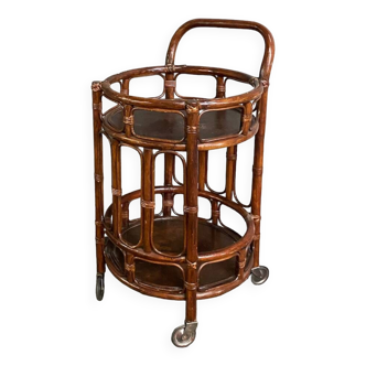 Round bamboo & rattan bar cart - italy 1960's