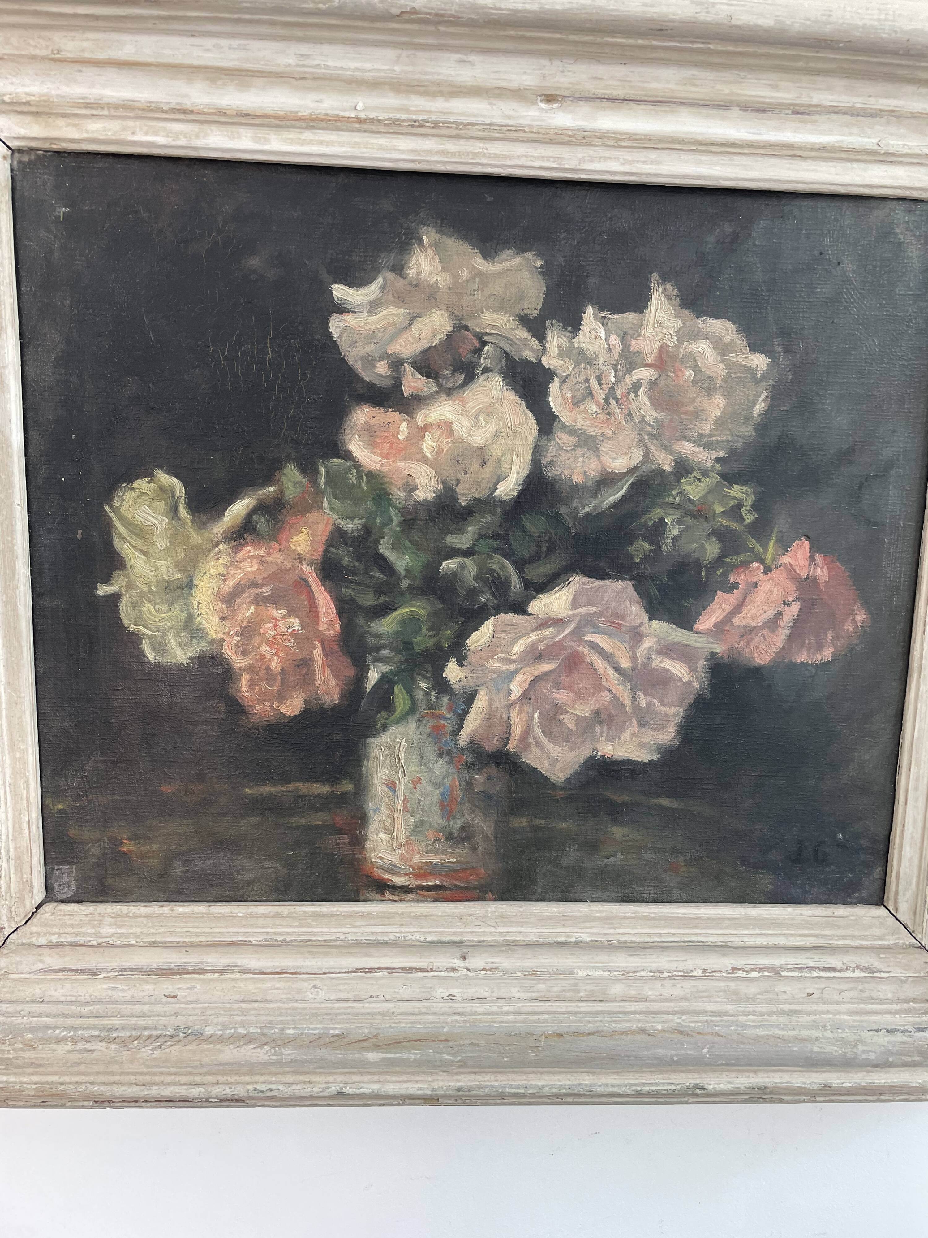 Peinture à l'huile sur toile, nature morte aux fleurs, bouquet, école française, début XXème, cadre