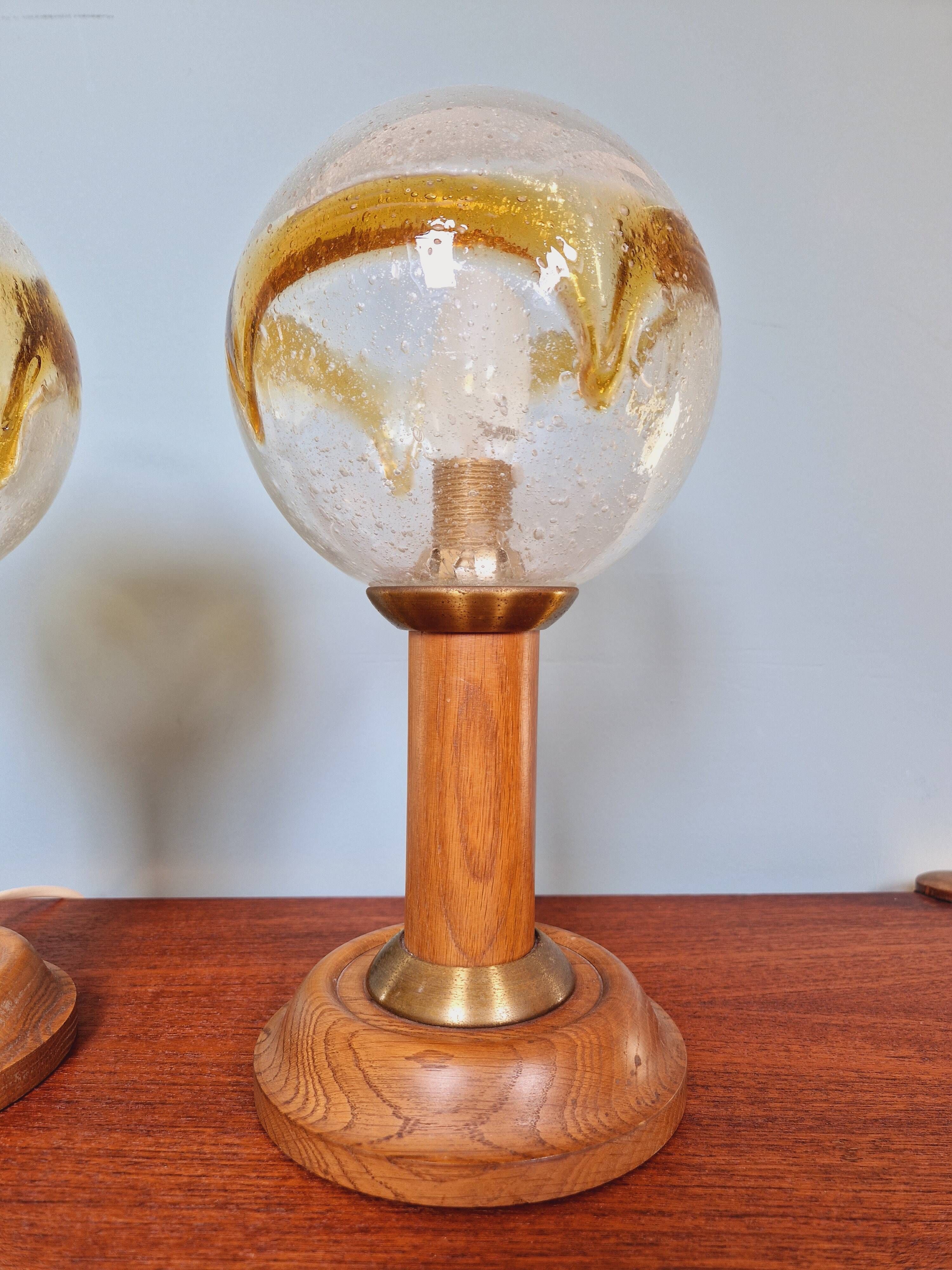 Pair of wooden and blown glass lamps, Honsel Leuchten, 1970s