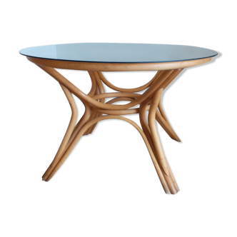 Table ronde bambou et verre fumé