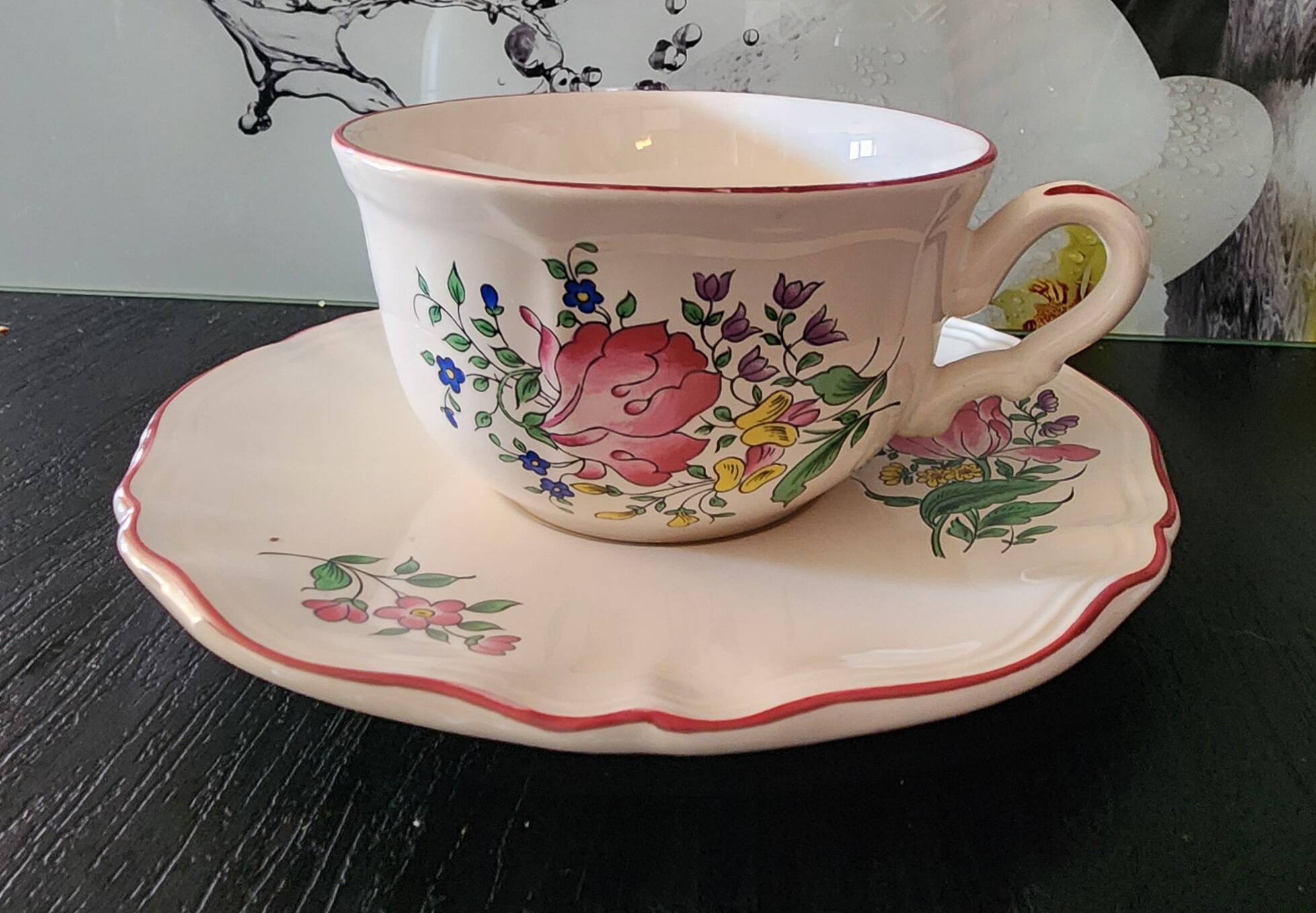large breakfast cup saucer faience luneville kg street lamp flowers vintage