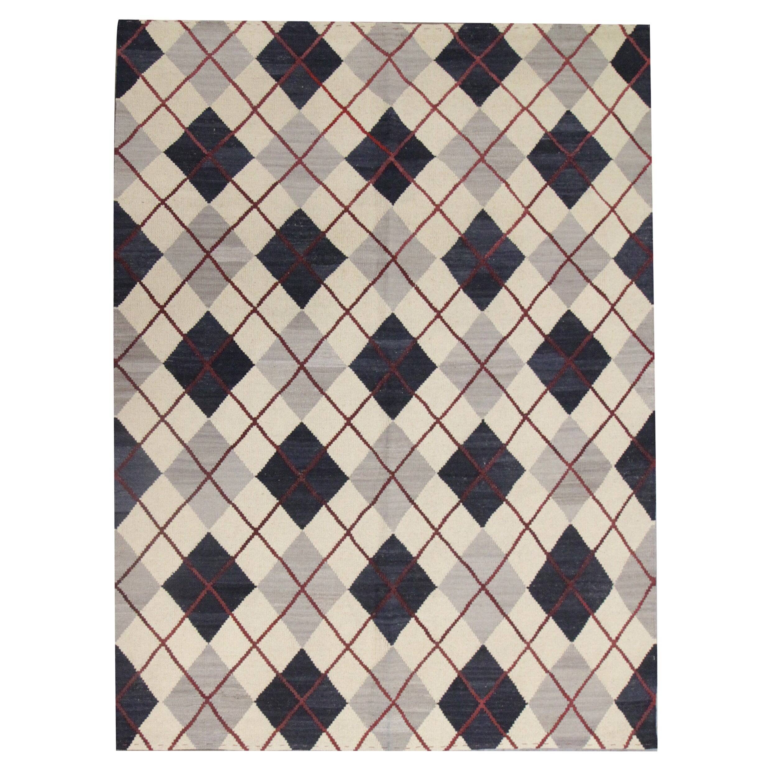 Modern Kilim blue check pattern wool kilim carpet geometric kelim area rug