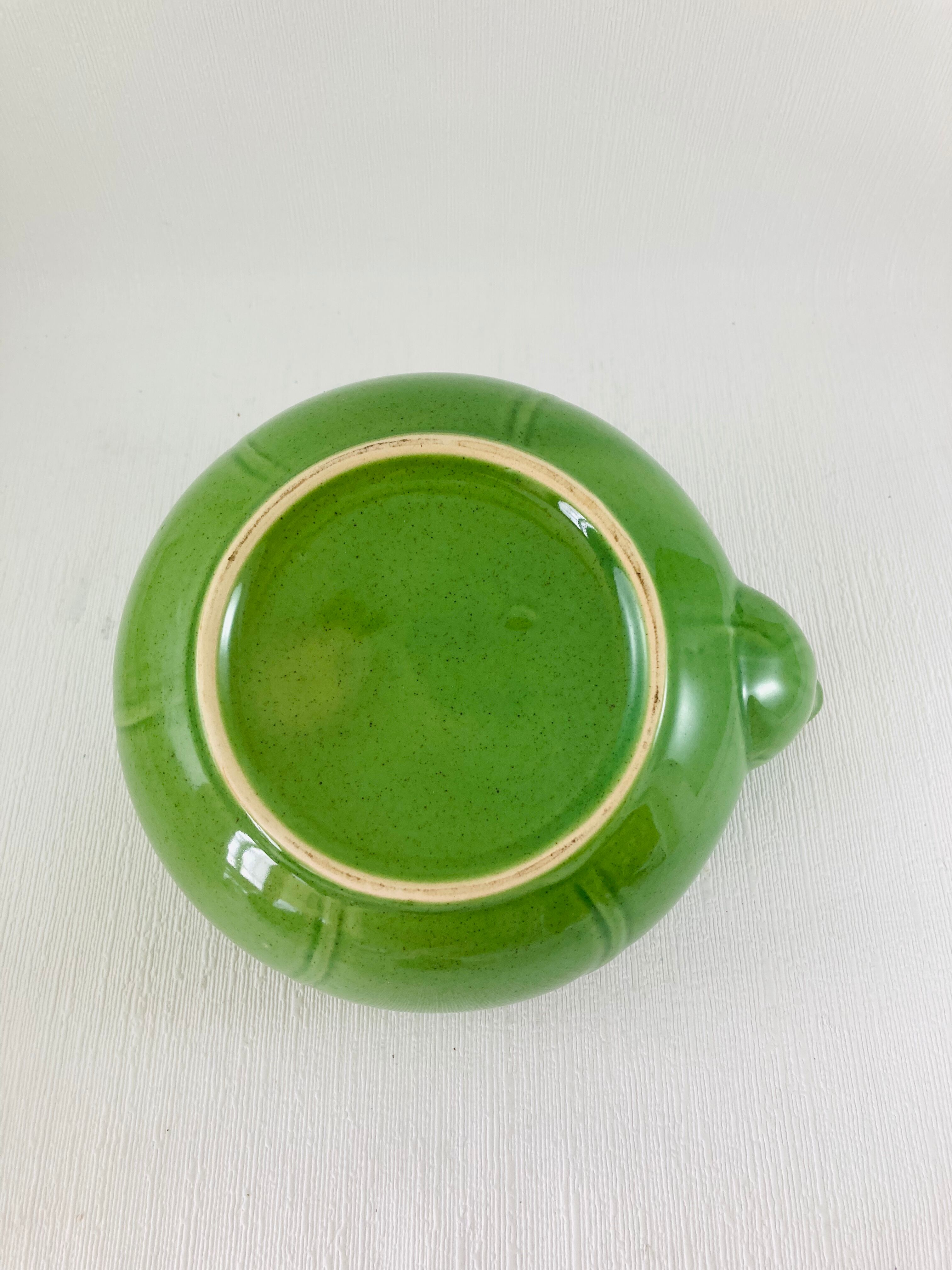 Green earthenware tea set with cabbage pattern, vintage 1970s.