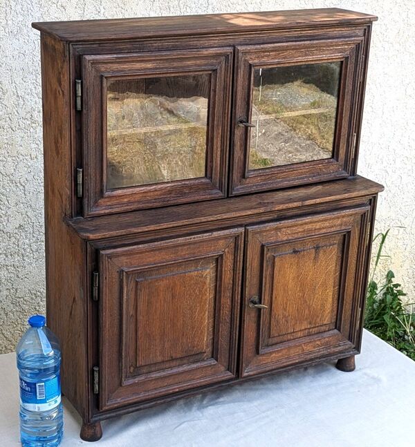 Ancien Buffet Vaisselier pour Enfants, en Chêne 4 vantaux, 2 vitrés