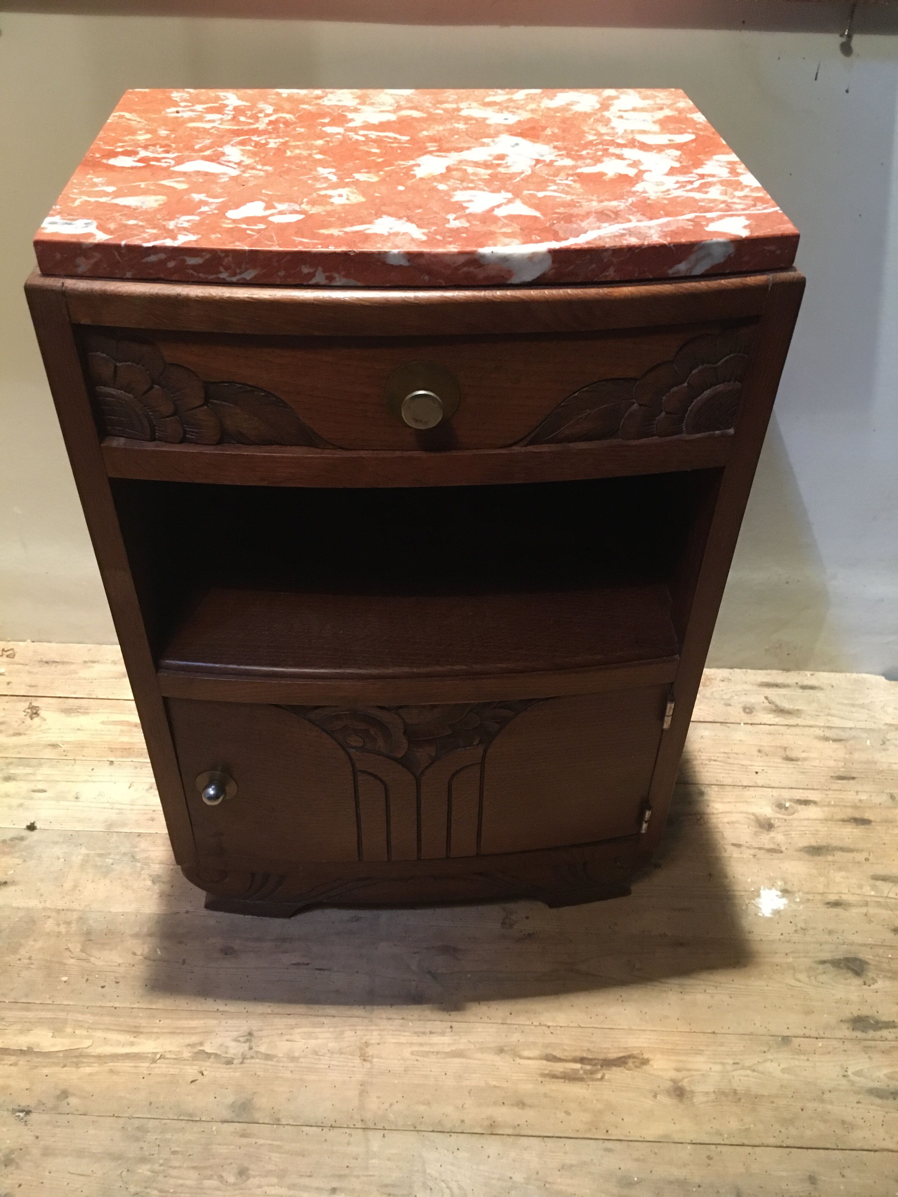 Solid oak bedside table with brown and white marble.