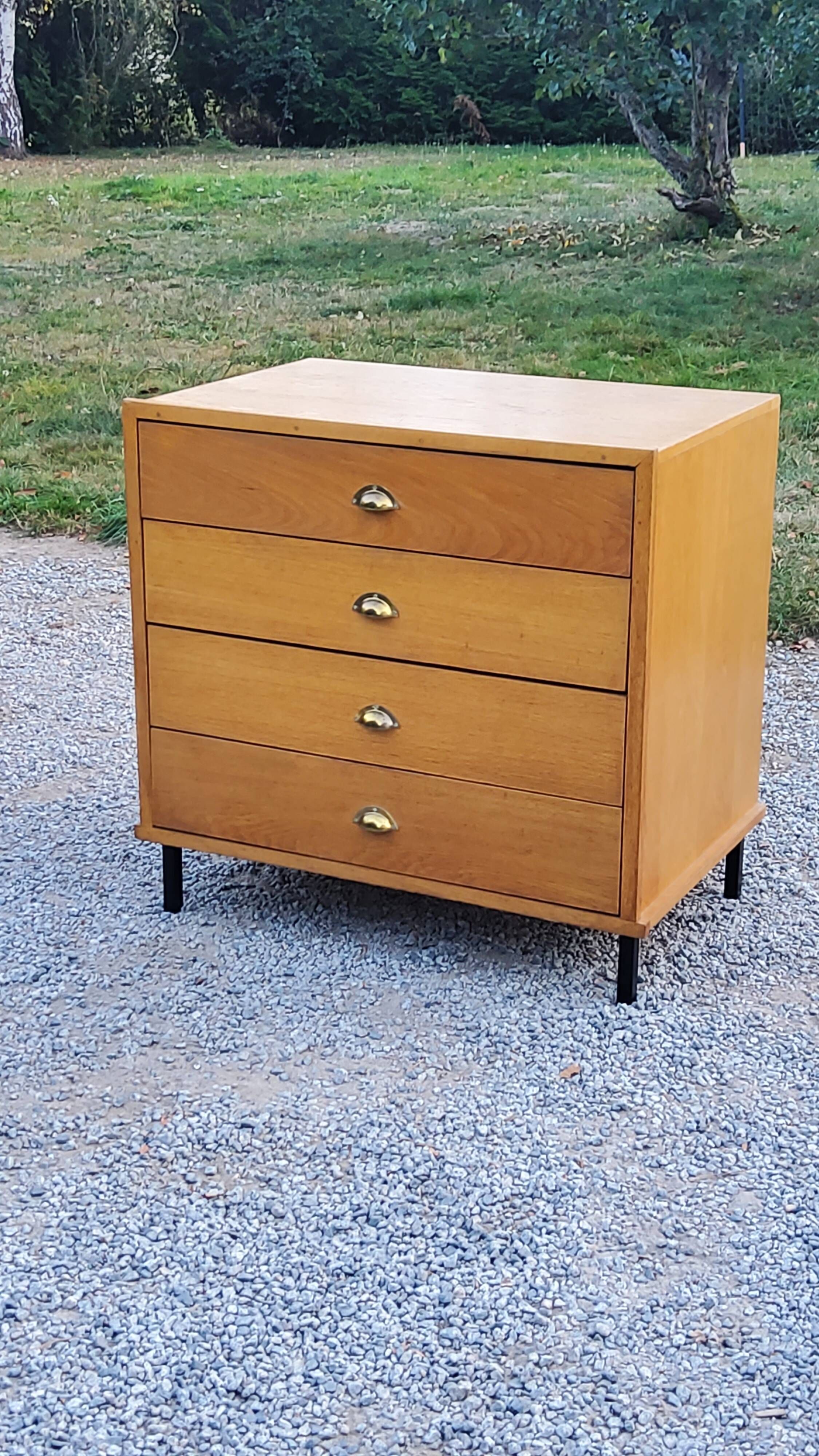 Vintage store chest of drawers in blond oak metal tube legs 4 drawers