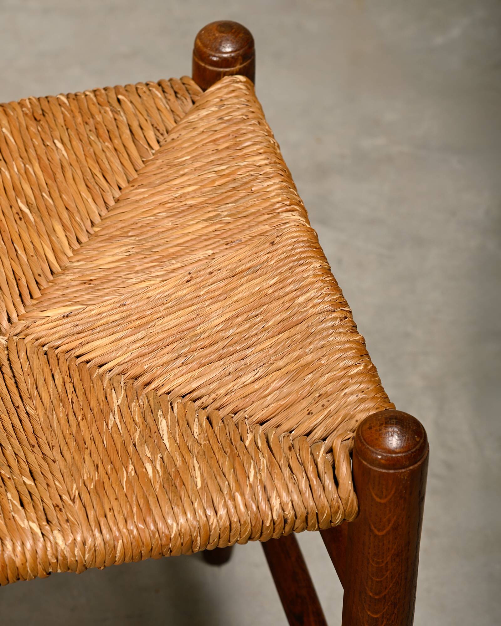 Rustic Armchair and Stool in stained oak and rush, France 1950s