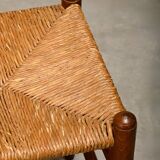 Rustic Armchair and Stool in stained oak and rush, France 1950s
