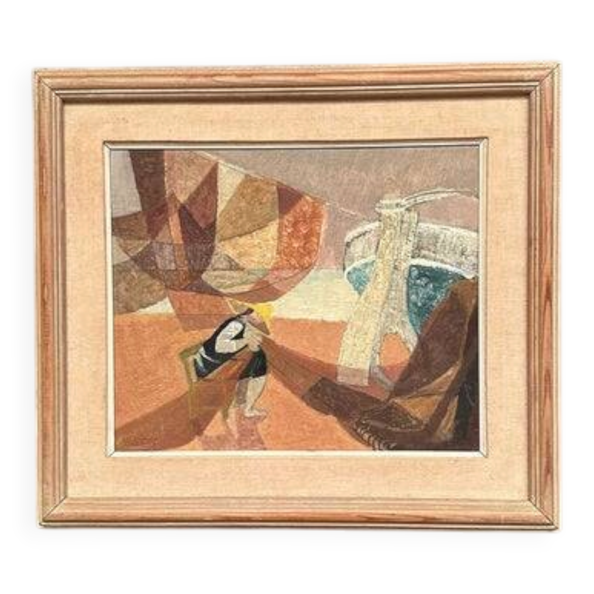 Original Swedish Oil on Panel – “Figure with Boats” by Nils Öst (1908–1982)