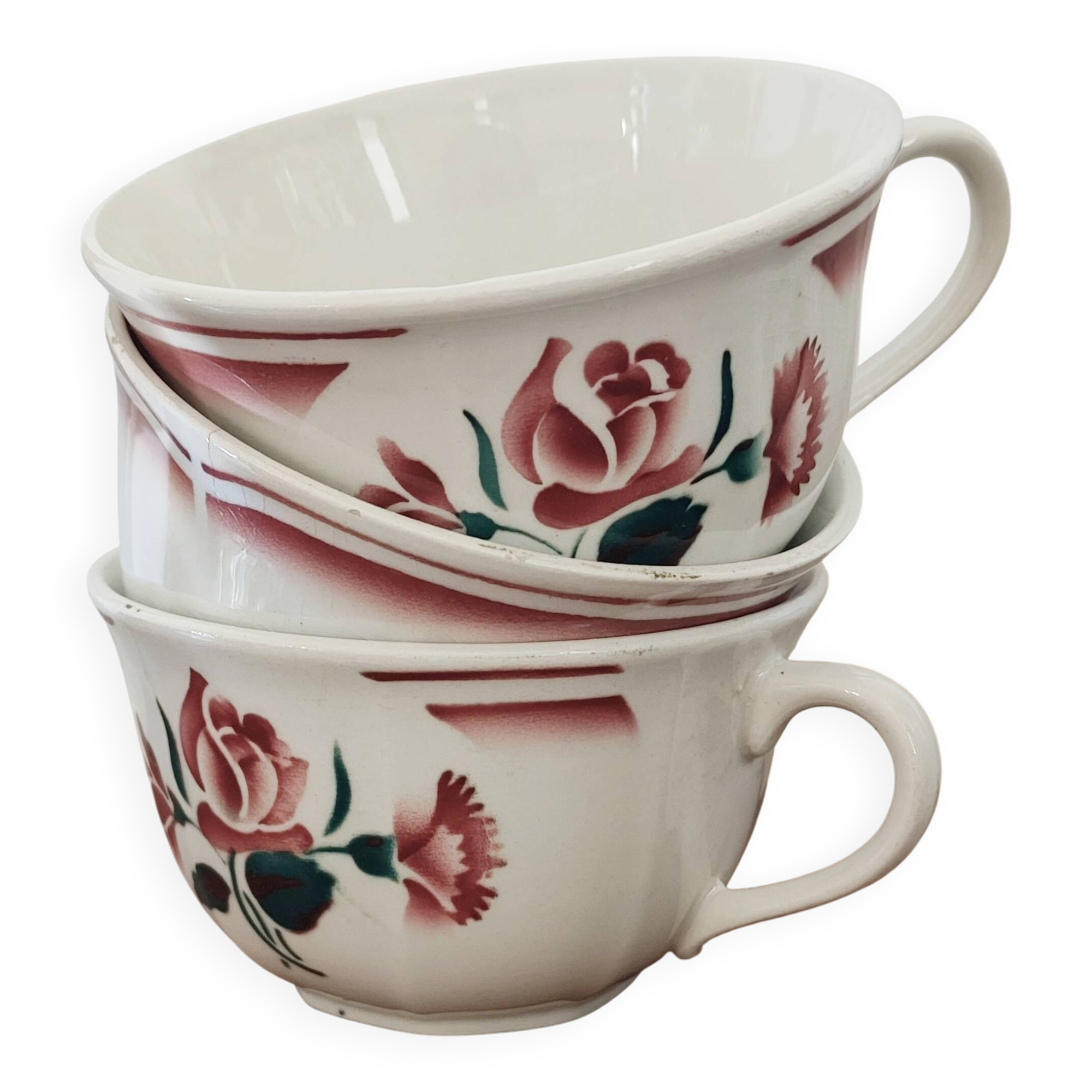 Trio of large antique chocolate cups (Fénal Badonviller – “Red Rose” decoration)