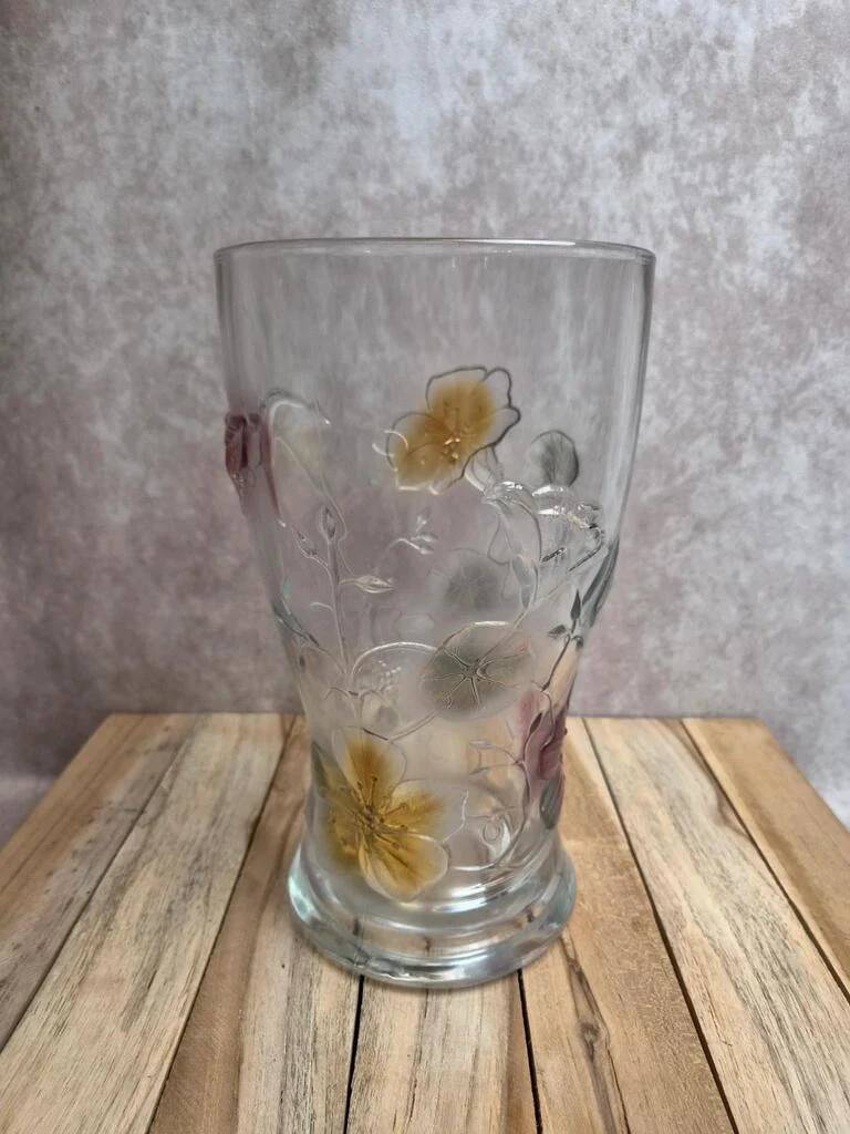 Vintage pressed glass vase – colourful floral decoration – France