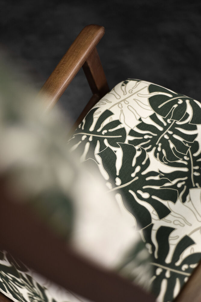 Vintage Mid-Century Danish Modern Rocking Chair in Wood and Monstera Leaf Pattern Fabric, 1960s