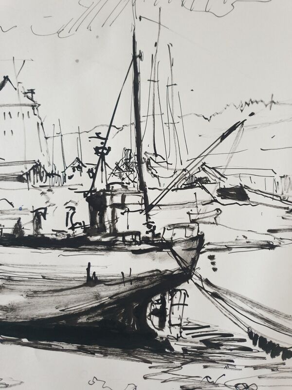 André Duculty (1912-1990) Ink on paper "Port de pêche" Monogrammed lower left