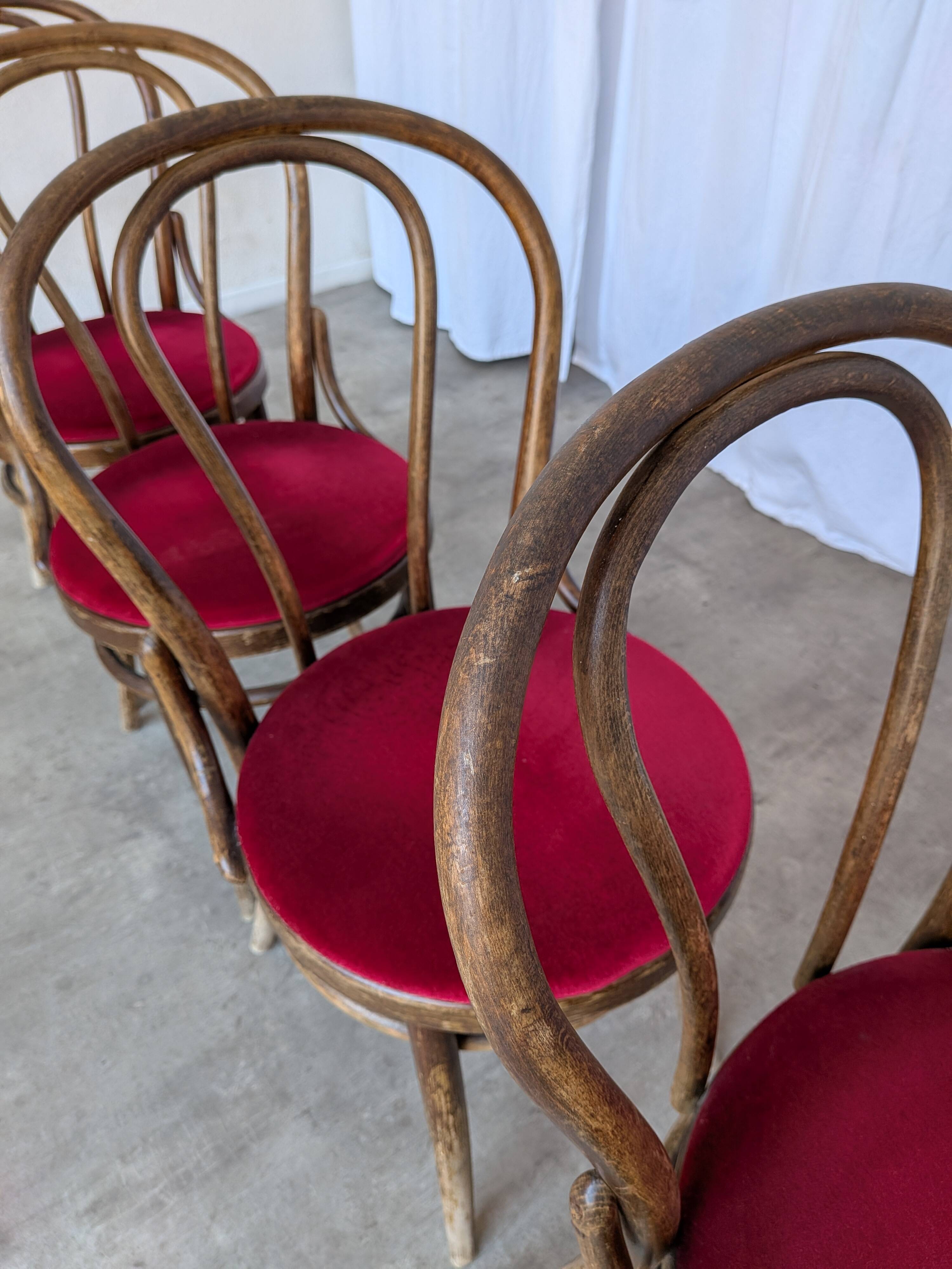 Set of 4 Vintage Bentwood Bistro Chairs, Red Upholstery