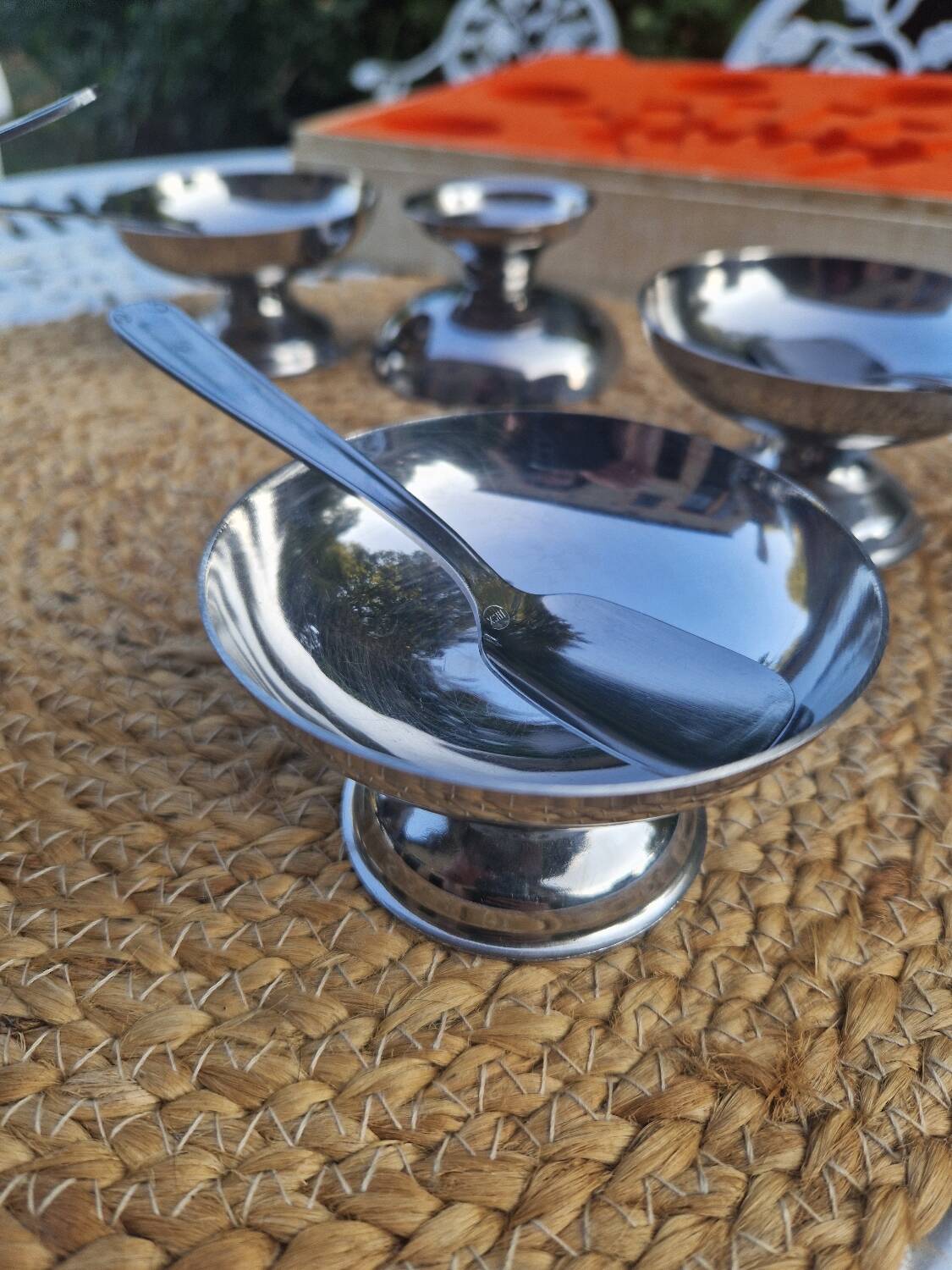 Lot de 6 bols à dessert vintage en acier inoxydable avec 5 cuillères