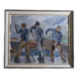 Peinture à l'huile sur toile suédoise du milieu du siècle « Ouvriers en mouvement » par Ivar Hjertquist (1907-1983)