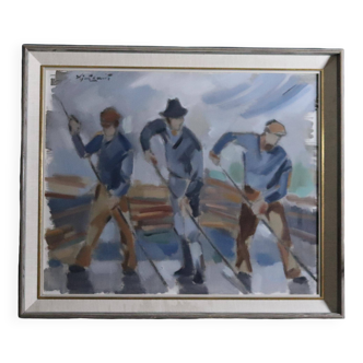 Swedish Mid-Century Oil On Canvas Painting "Workers in Motion" by Ivar Hjertquist (1907-1983)