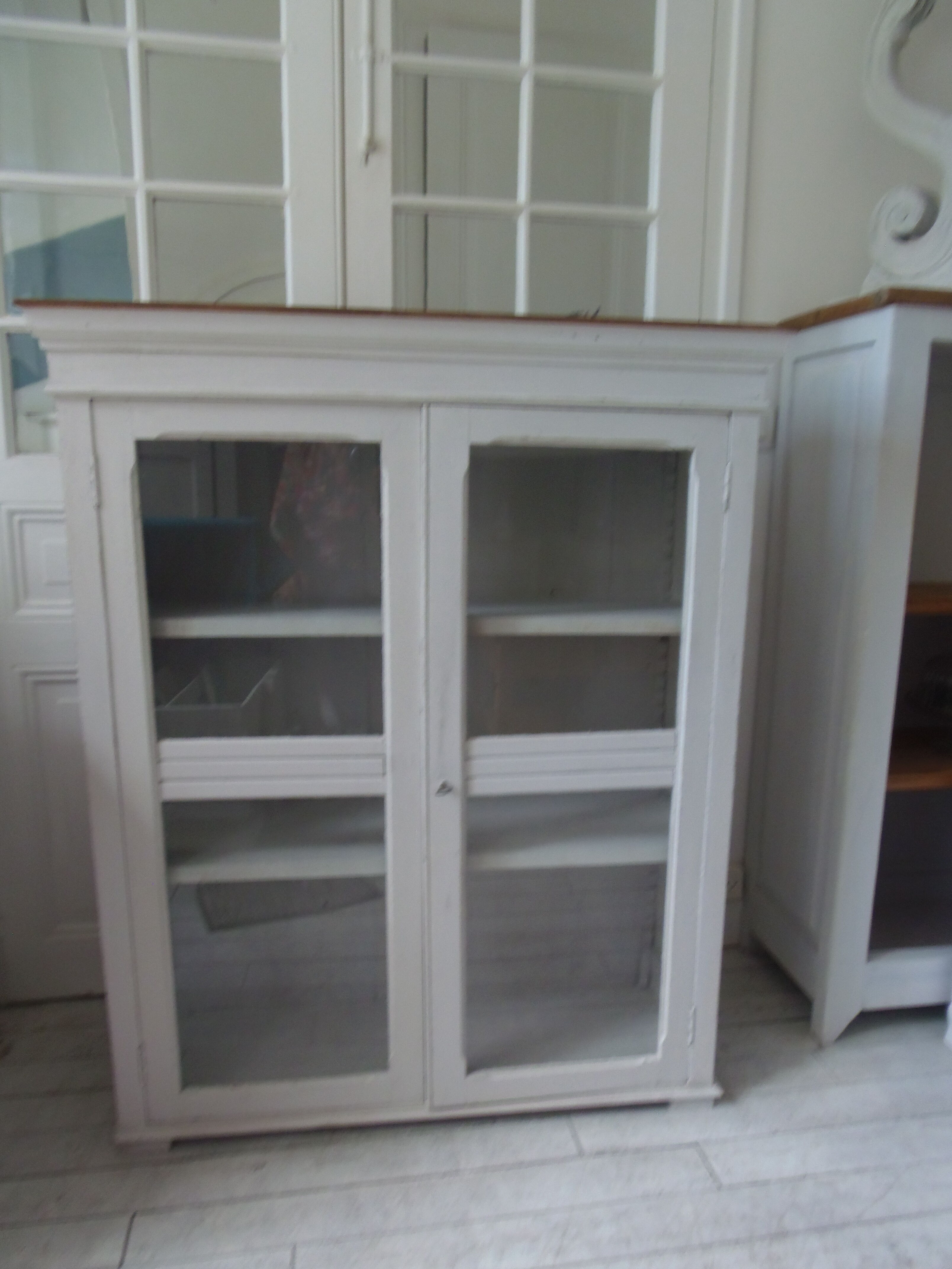 Showcase, bookcase, vintage pearl grey patinated cupboard, wooden top.