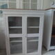 Showcase, bookcase, vintage pearl grey patinated cupboard, wooden top.