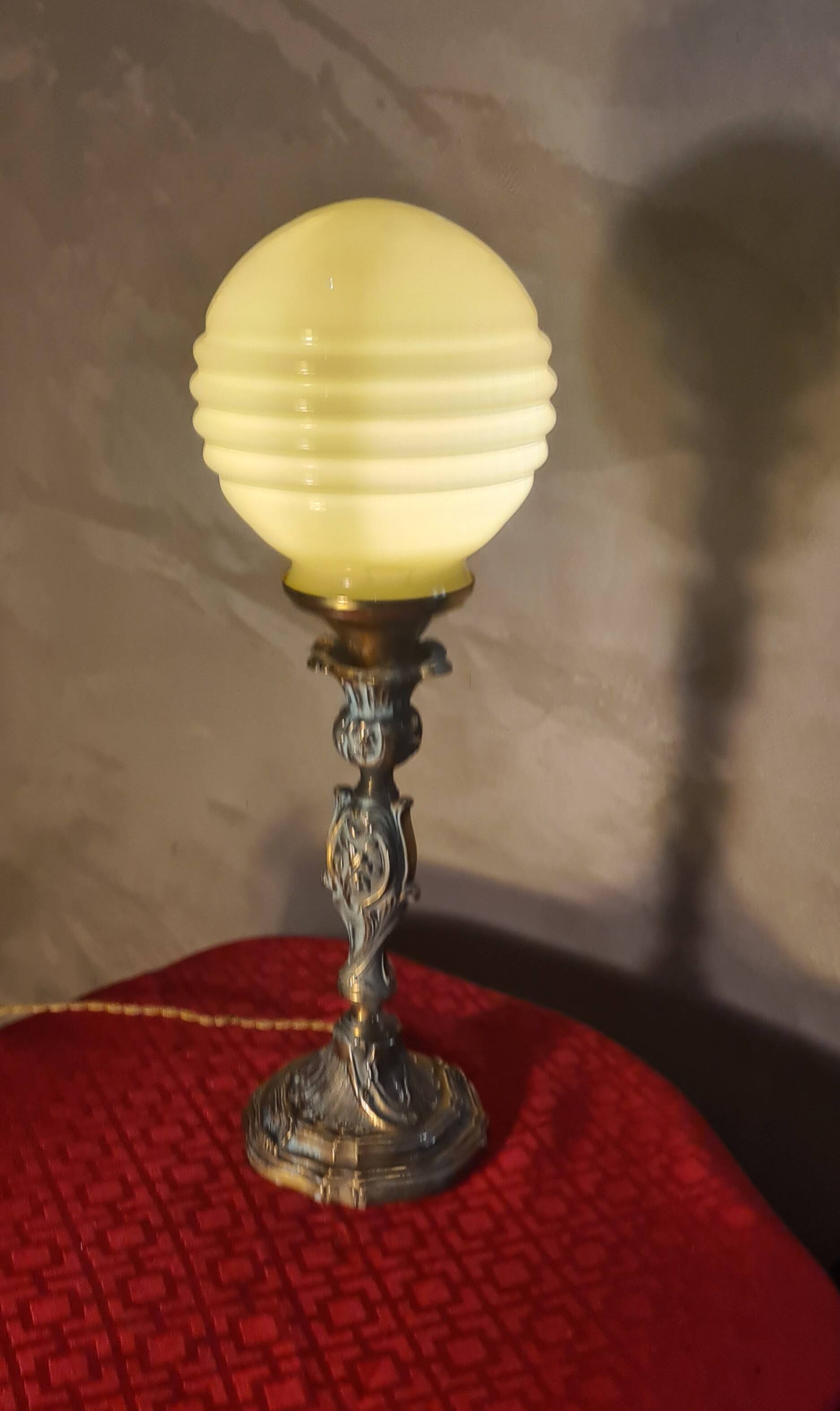 bronze lamp in Rococo style with yellow-green opaline ball, superb, electrical works fine