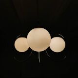 Chrome chandelier with 3 white glass spheres, 70s