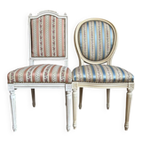 Pair of Louis XVI style chairs in painted wood and satin, classic elegance.