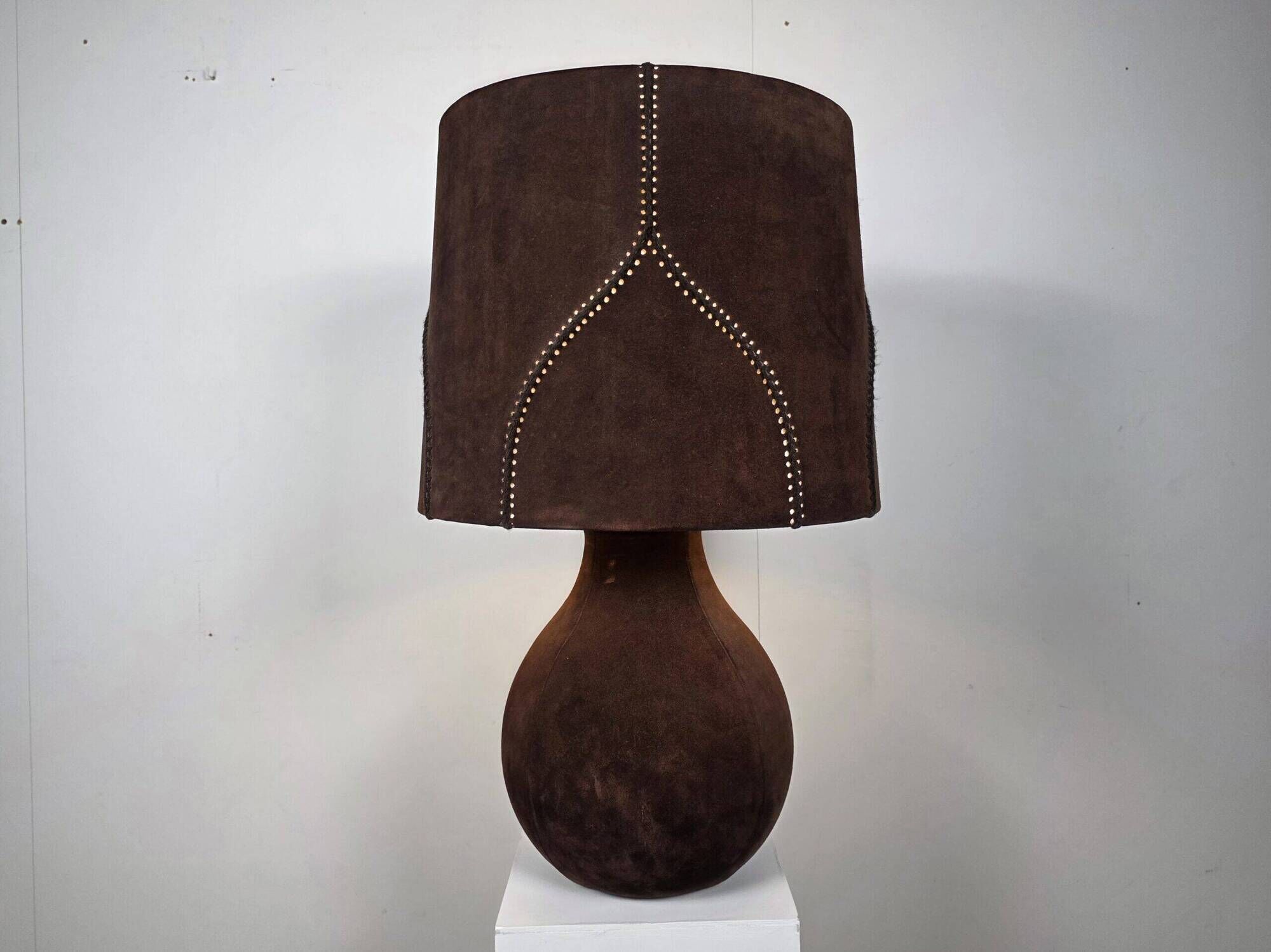Large vintage suede table lamp with matching shade, 1970s