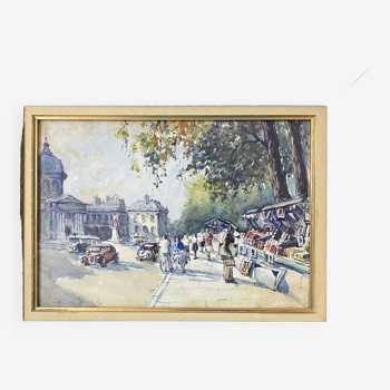 Painting "Bouquiniste - Quais de Seine" Paris Watercolor circa 1950 signed + frame
