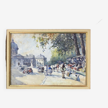 Tableau "Bouquiniste - Quais de seine" Paris Aquarelle vers 1950 signée + cadre