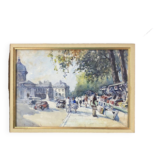 Tableau "Bouquiniste - Quais de seine" Paris Aquarelle vers 1950 signée + cadre