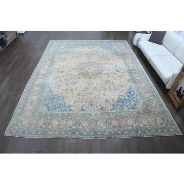 1970s Vintage Persian Handmade Wool Cotton Light Brown Area Rug 295x394
