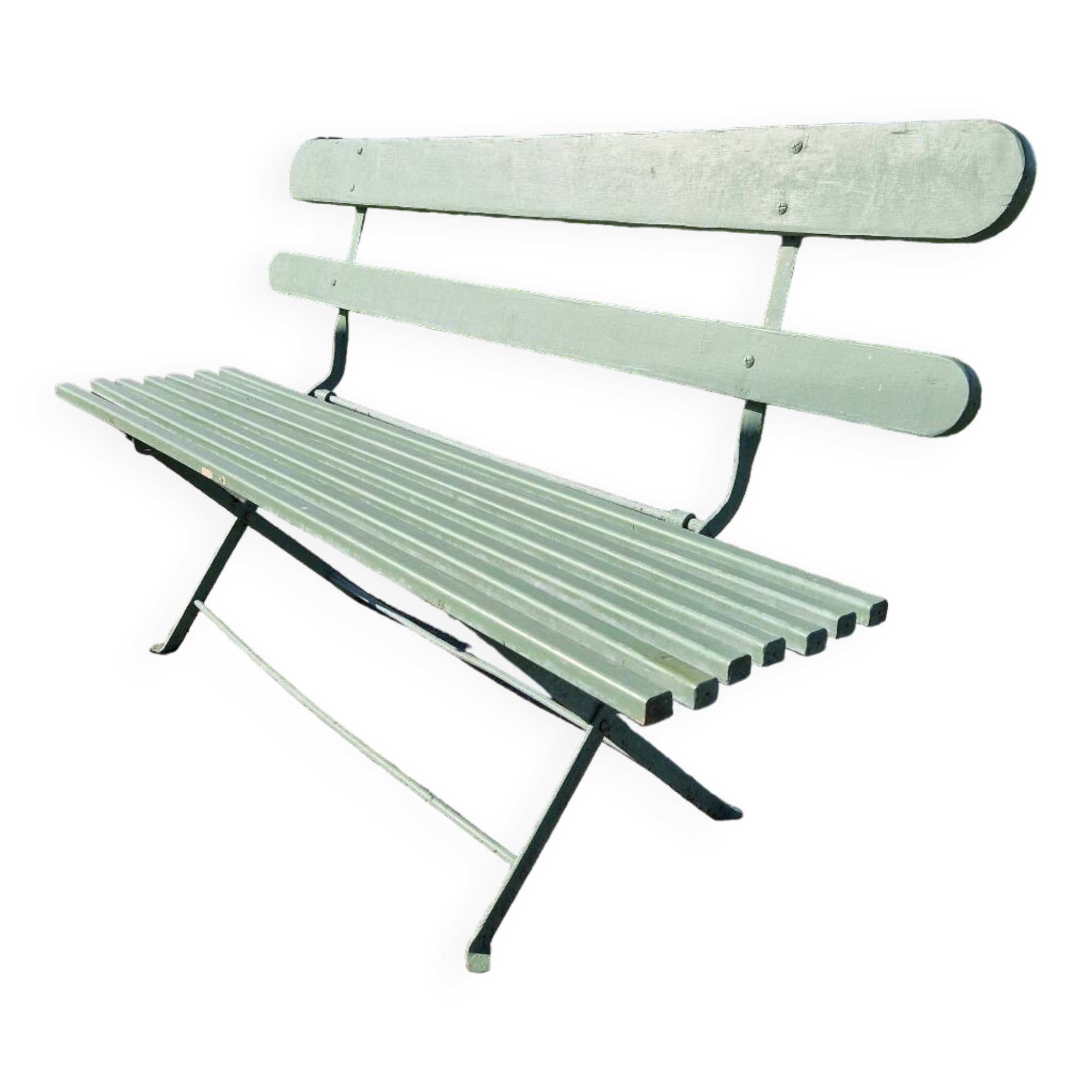 Ancien banc de jardin pliant en fer forgé vert
