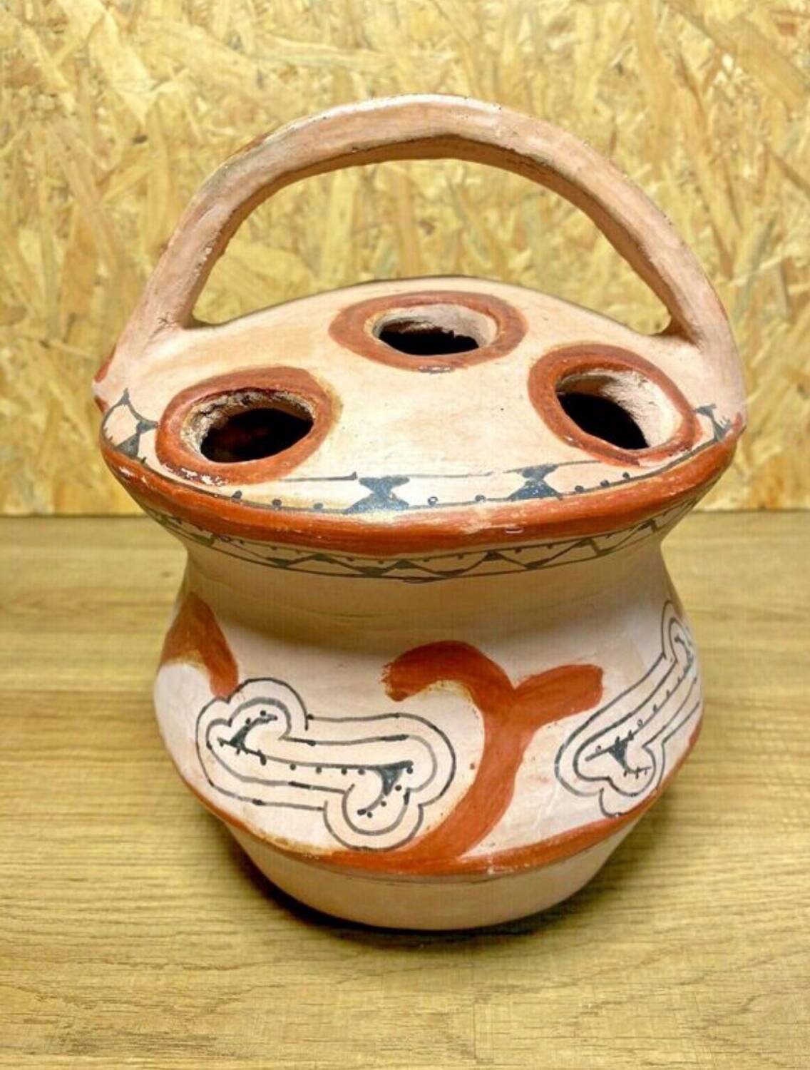 Ancient Berber flower holder, painted terracotta, vintage ethnic vase.