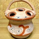 Ancient Berber flower holder, painted terracotta, vintage ethnic vase.