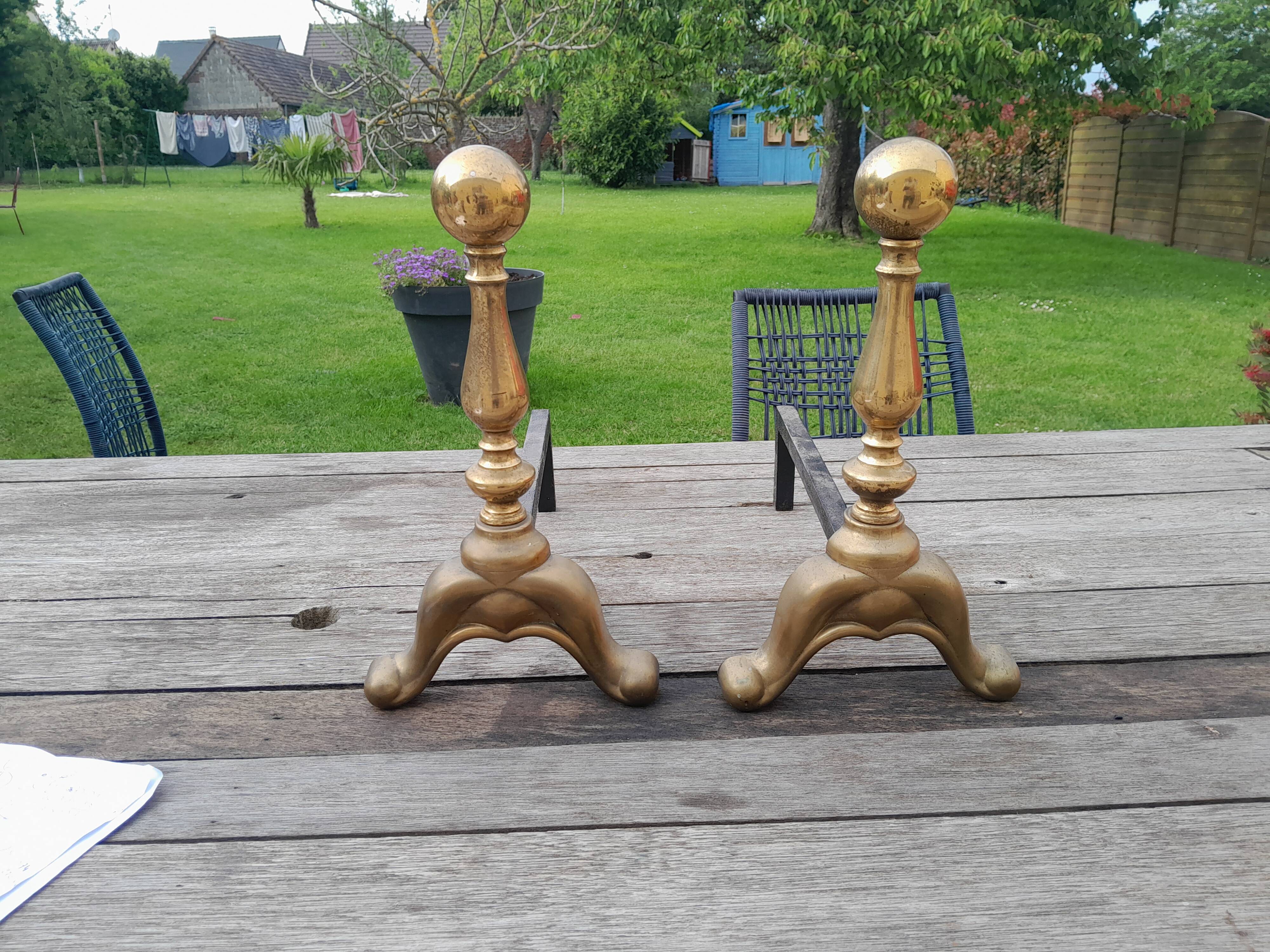 Pair of old brass chenets