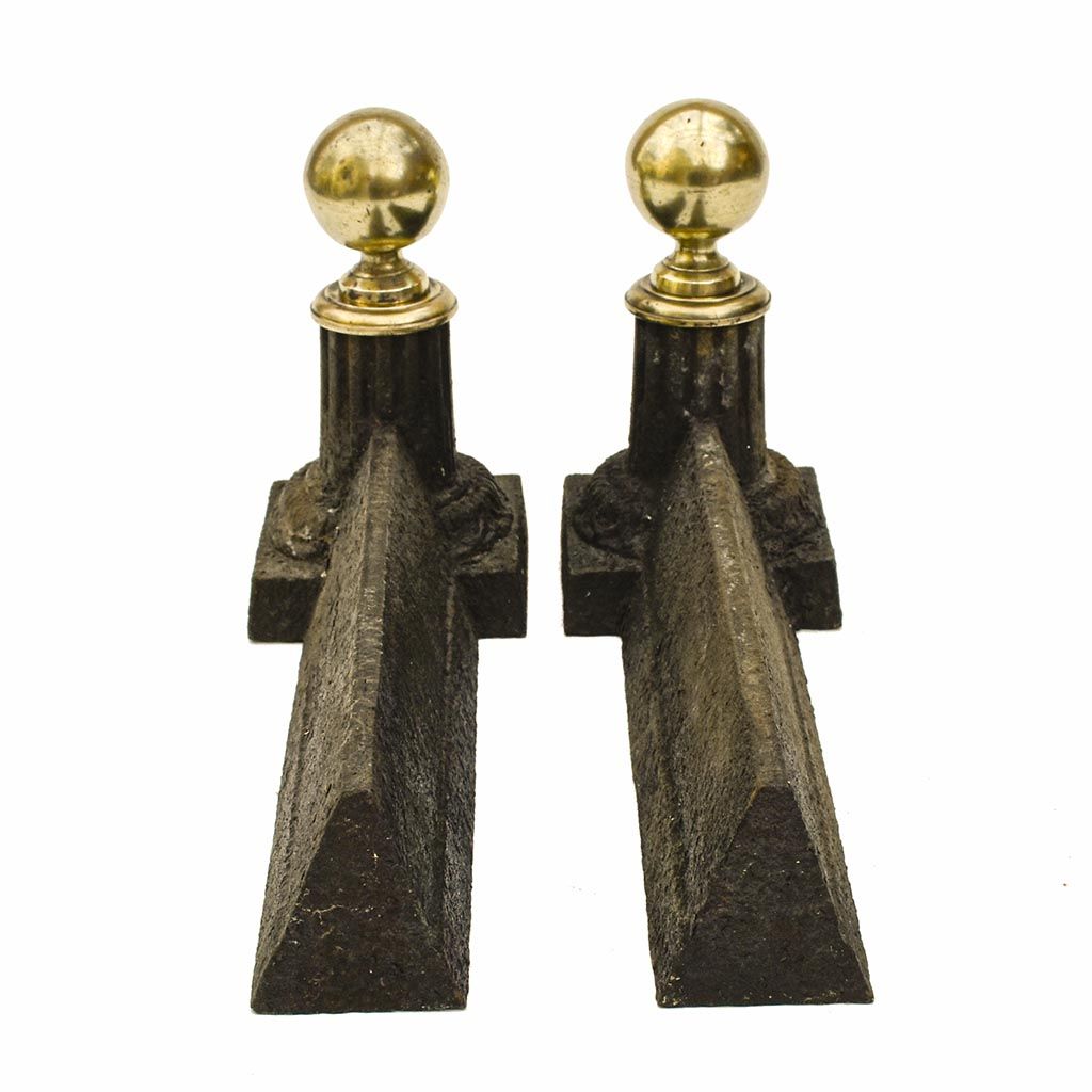 Pair of cast iron channels and brass ball 19th antique fireplace accessory