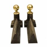 Paire de chenets en fonte et boule en laiton 19 ième accessoire de cheminée ancien