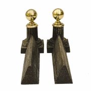Pair of cast iron channels and brass ball 19th antique fireplace accessory
