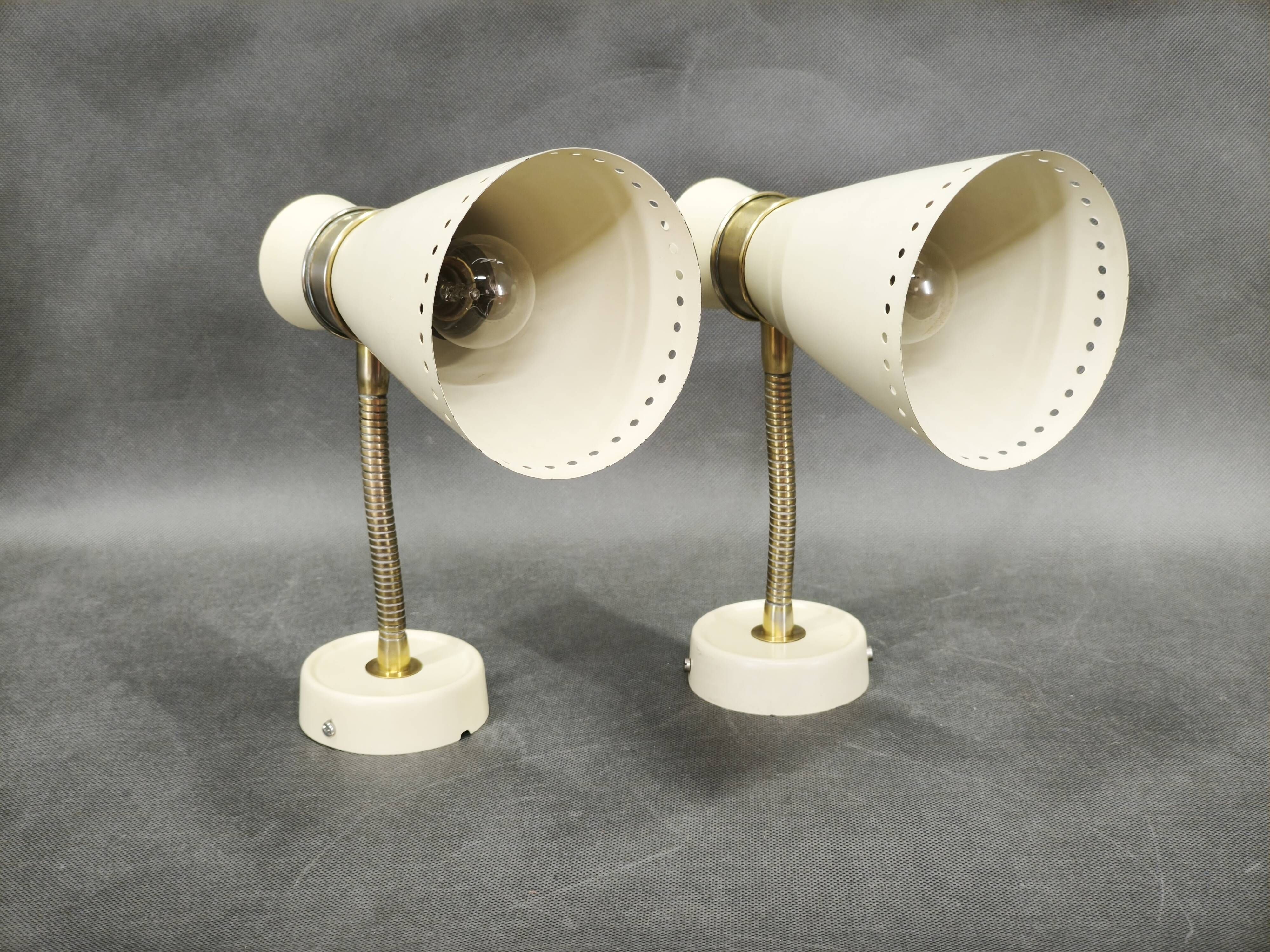 Pair of 1960s German Stilnovo Style Brass and Cream Adjustable Wall Sconces