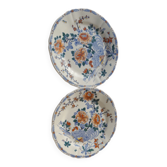 2 flat plates in Gien earthenware model rooster and peonies year 1940
