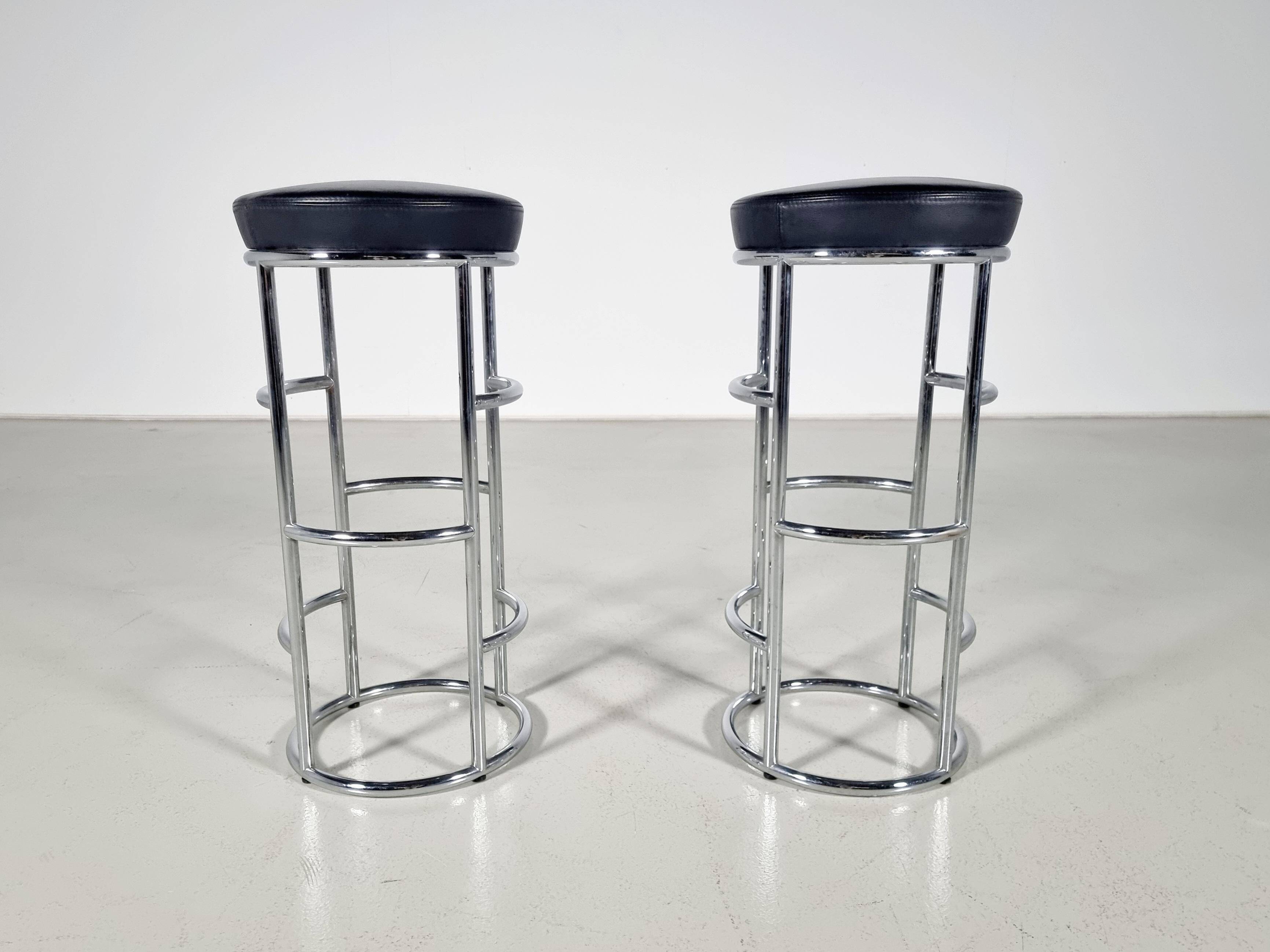 "Satish" bar stools in leather and chrome tubular steel by E Eckart Muthesius.