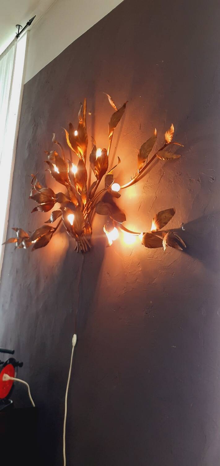 Monumental Vintage Wall Lamp with Golden Leaf Decor by Hans Kögl, 1960s