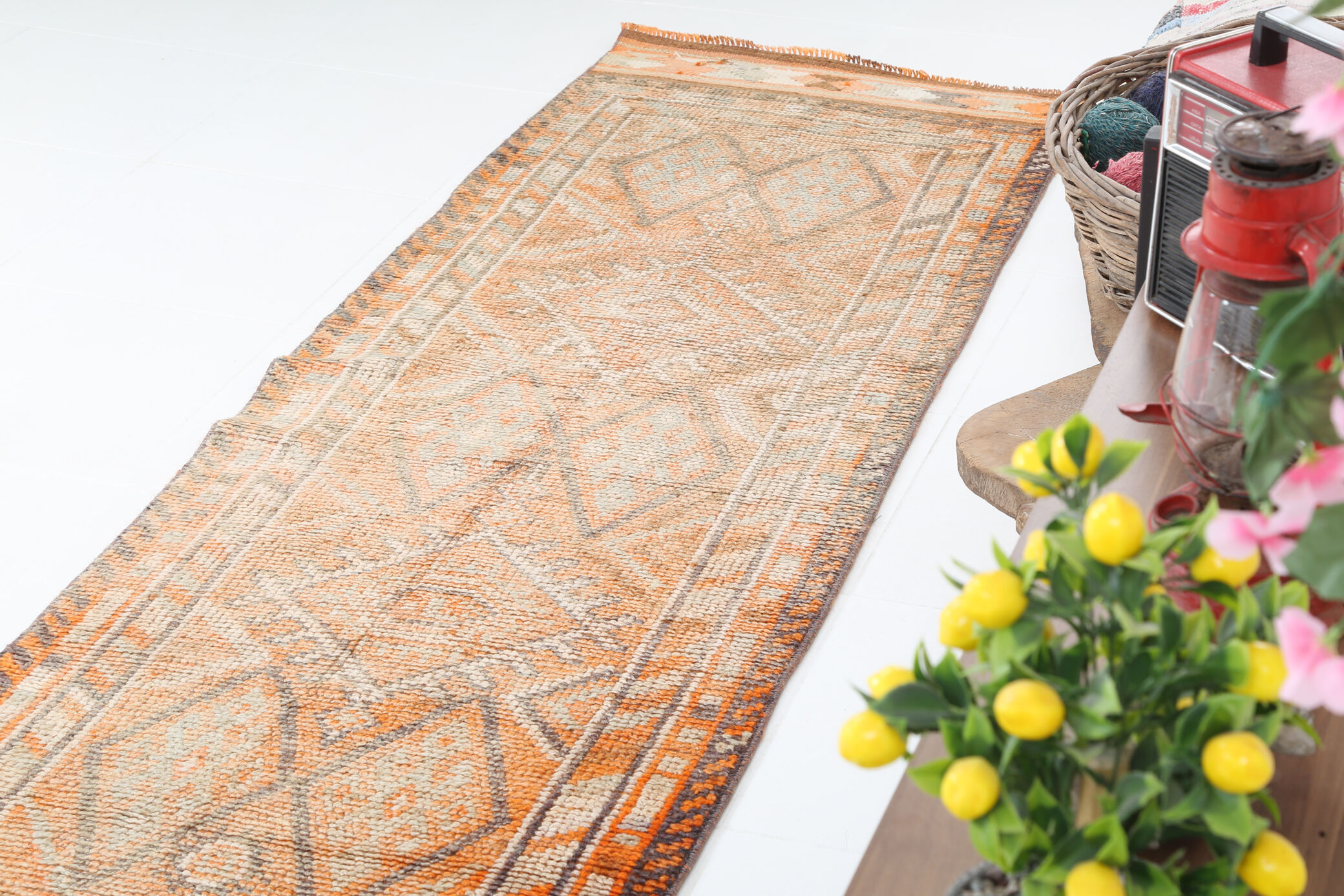 Pale orange herki runner rug 74x392cm