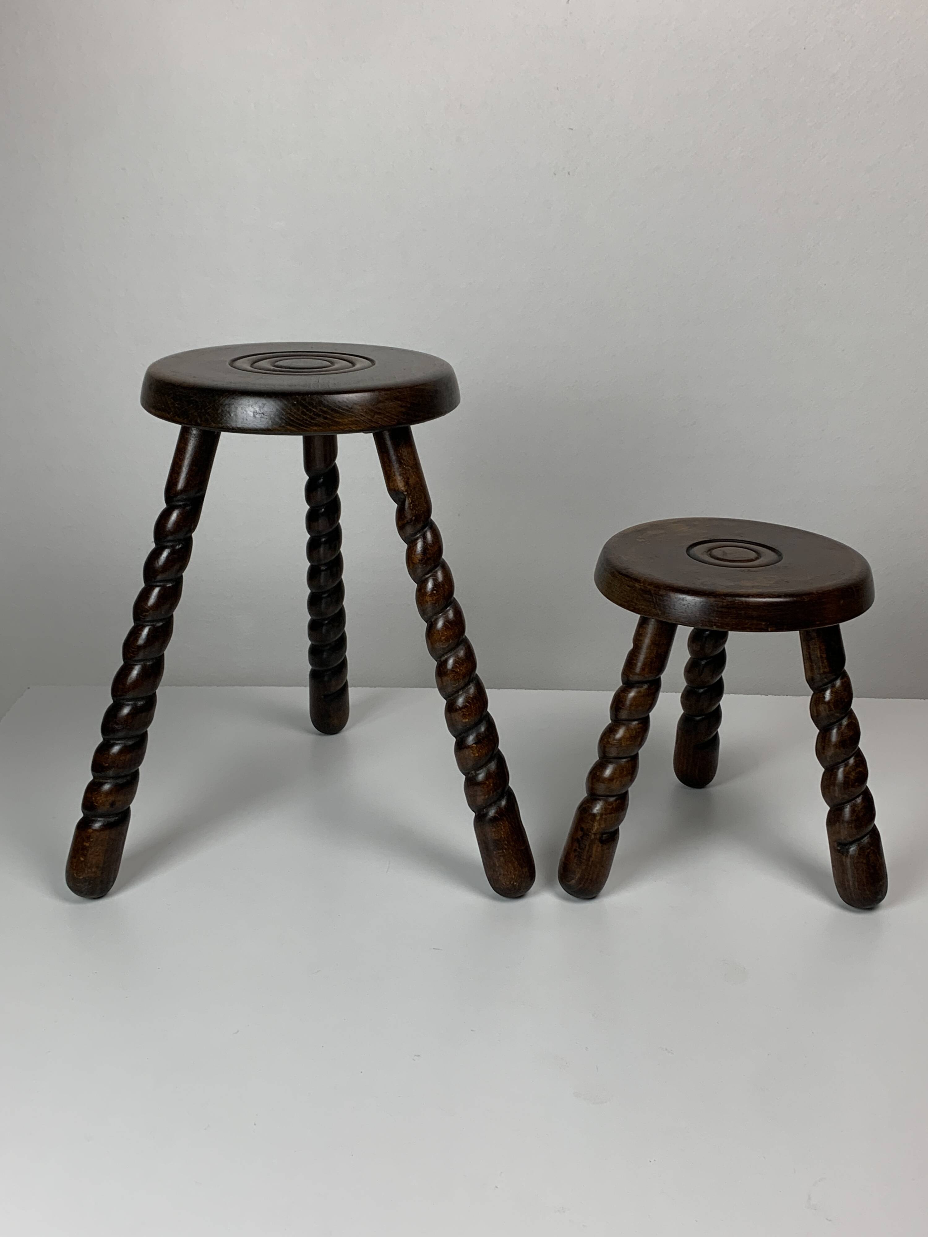 Pair of 2 midcentury brutalist modernist wood turned stools, ca 1950s